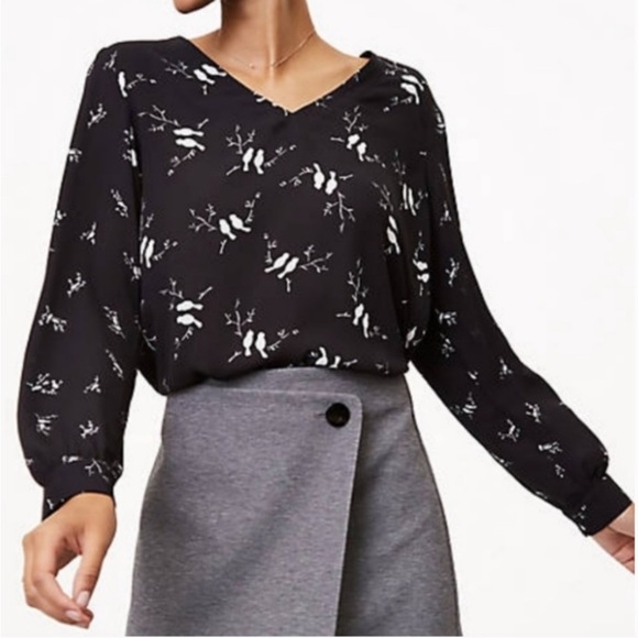 Loft Black with White Birds Long Sleeve Blouse - Picture 2 of 10